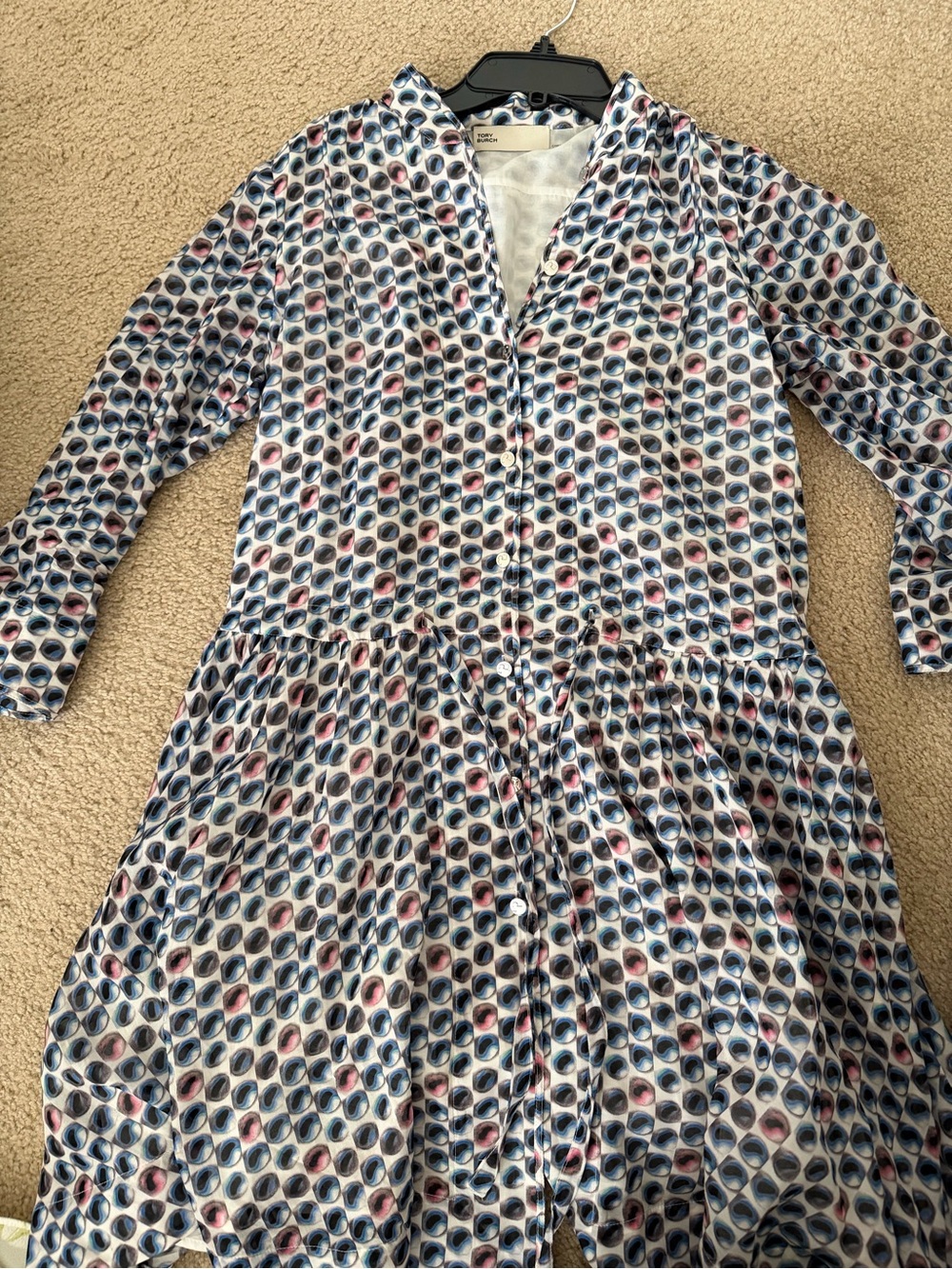 Tory Burch Navy and Pink Geometric Button-Front Dress